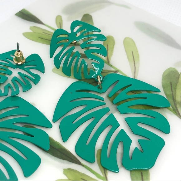 Monstera Green Metal Earrings - Picture 3 of 6